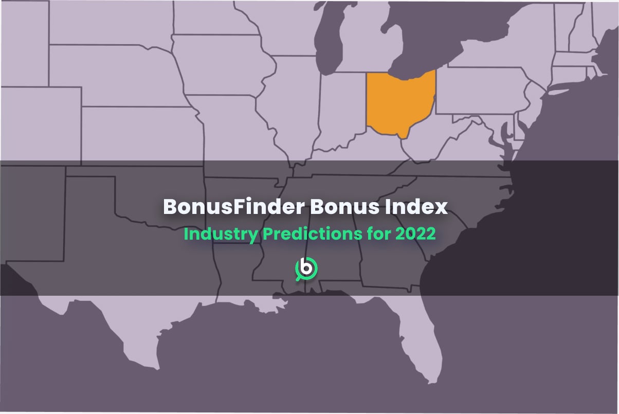 Map of the United States with Ohio highlighted in orange, overlaid with the text “BonusFinder Bonus Index – Industry Predictions for 2022”