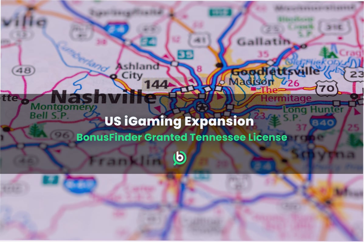 Map of Tennessee with a headline “US iGaming Expansion – BonusFinder Granted Tennessee License”