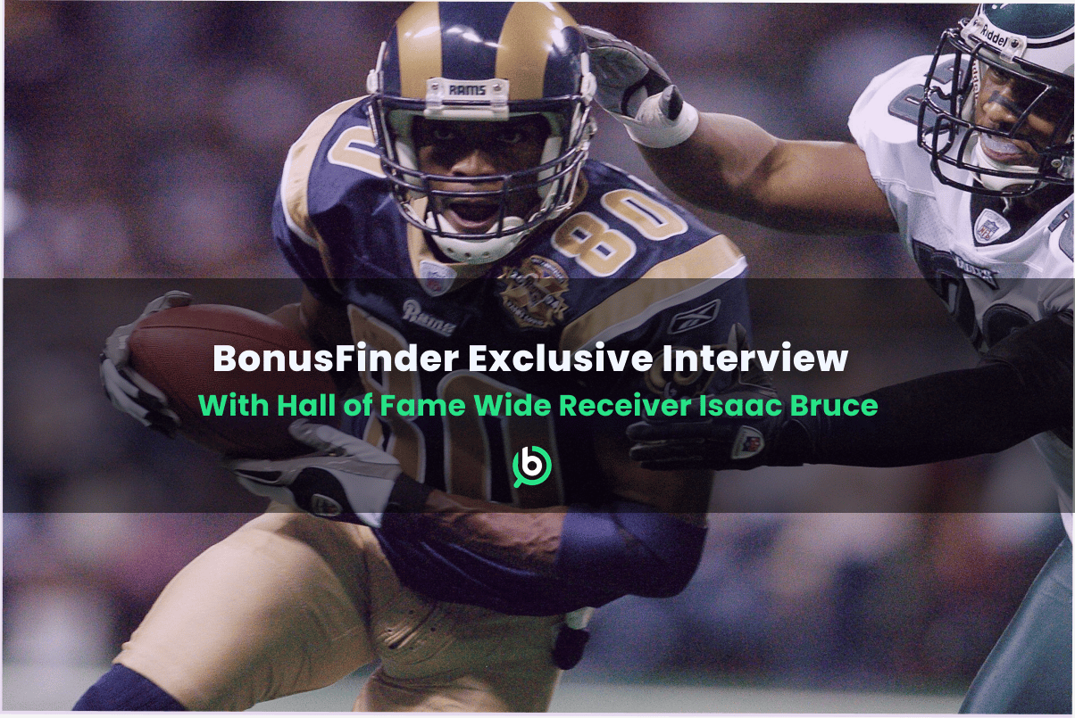 Image of NFL Hall of Famer Isaac Bruce, reflecting on his career and sharing Super Bowl insights