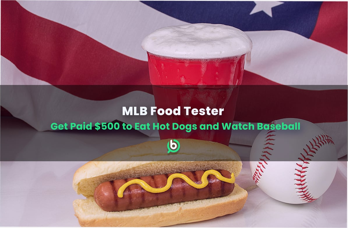 A hot dog with mustard, a baseball, and a foamy drink in front of an American flag backdrop, with text offering $500 to eat and watch baseball