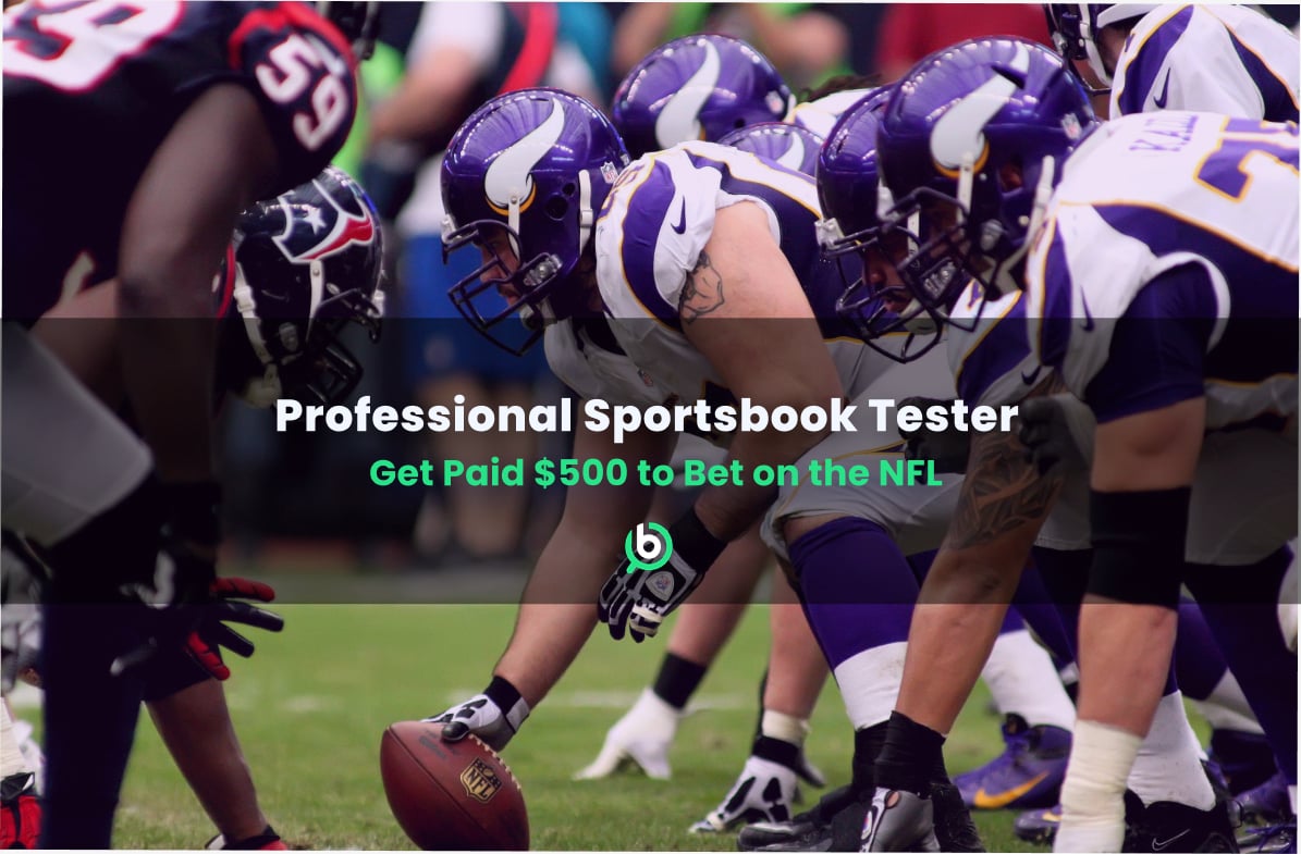 NFL players lined up at the scrimmage line during a game, with overlaid text promoting a job opportunity to get paid $500 to test sportsbooks