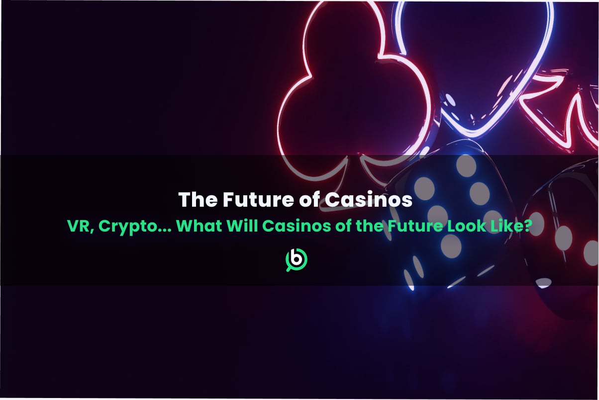 Neon icons of casino symbols like dice, hearts, and clubs with the text “The Future of Casinos – VR, Crypto… What Will Casinos of the Future Look Like?” overlaid on a dark background