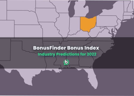 Map of the United States with Ohio highlighted in orange, overlaid with the text “BonusFinder Bonus Index – Industry Predictions for 2022”