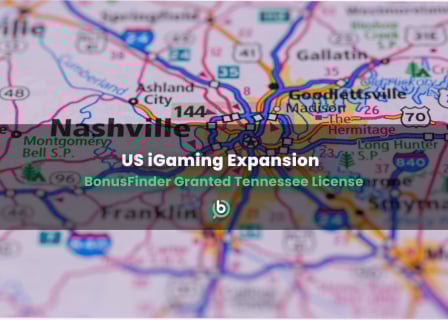 Map of Tennessee with a headline “US iGaming Expansion – BonusFinder Granted Tennessee License”