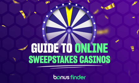 Purple image with spinning wheel graphic showing Guide to Online Sweepstakes Casinos with BonusFinder logo