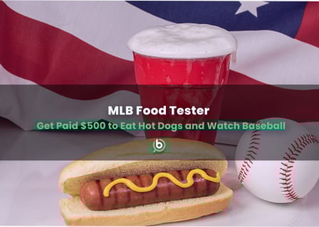 A hot dog with mustard, a baseball, and a foamy drink in front of an American flag backdrop, with text offering $500 to eat and watch baseball