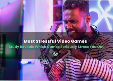 Frustrated gamer gripping a controller with neon lights in the background, alongside text about the most stressful video games