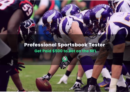NFL players lined up at the scrimmage line during a game, with overlaid text promoting a job opportunity to get paid $500 to test sportsbooks