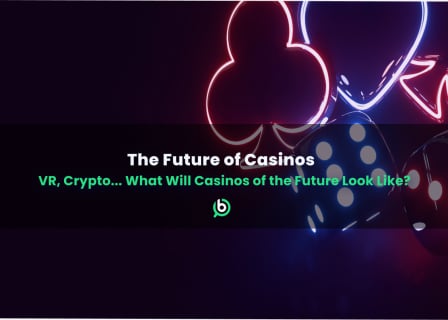 Neon icons of casino symbols like dice, hearts, and clubs with the text “The Future of Casinos – VR, Crypto… What Will Casinos of the Future Look Like?” overlaid on a dark background