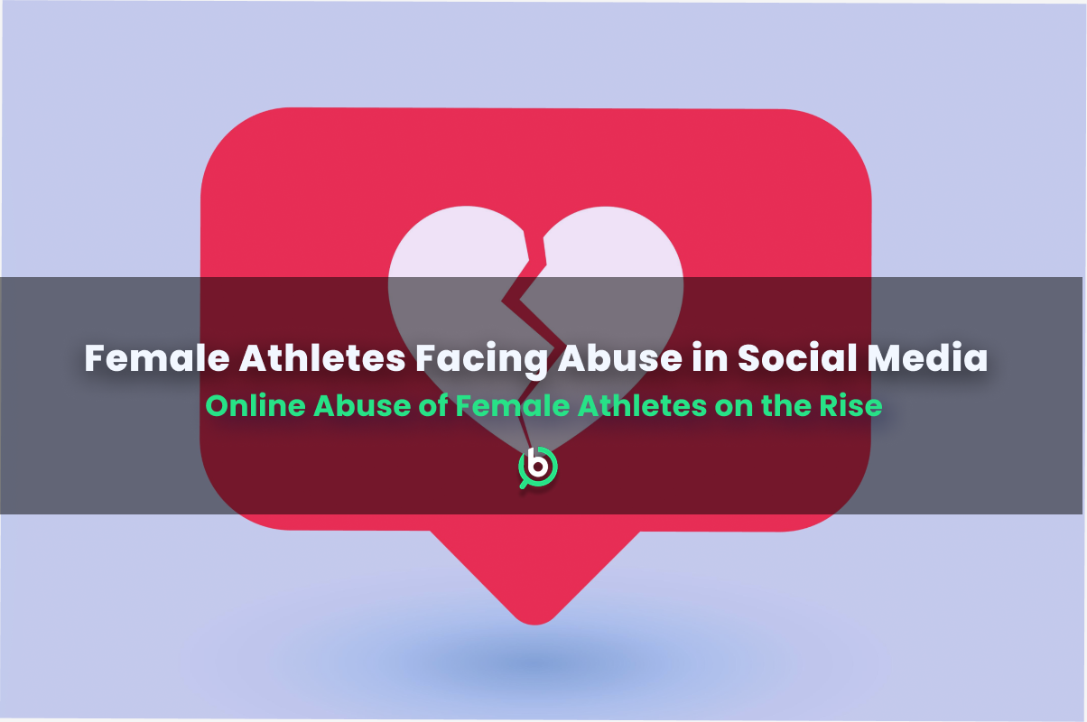 A broken heart icon inside a social media notification bubble, symbolizing the rise of online abuse targeting female athletes