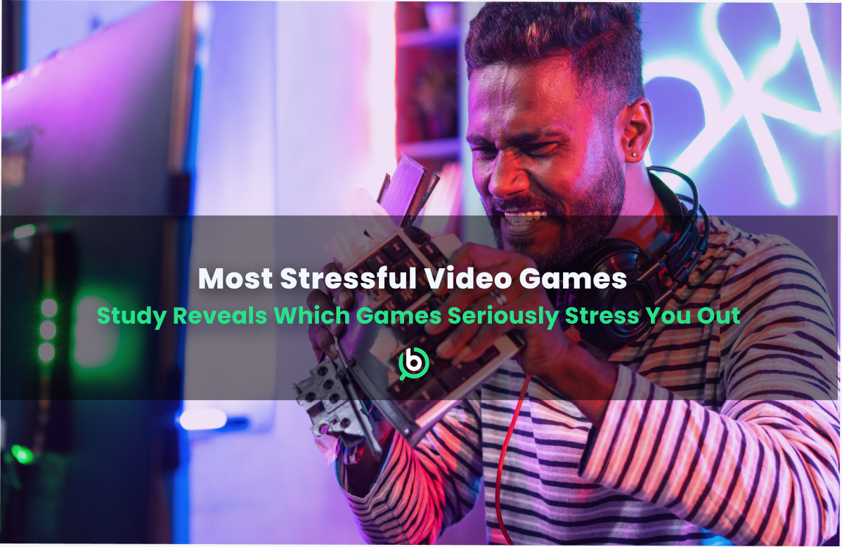 Frustrated gamer gripping a controller with neon lights in the background, alongside text about the most stressful video games